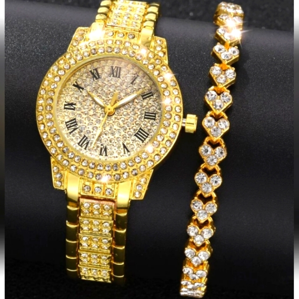 Gold iced out diamond watch and heart bracelet